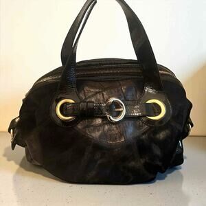 Francesco Biasia Large Black Leather & Calf Hair Satchel Doctor Bag Gold Ring
